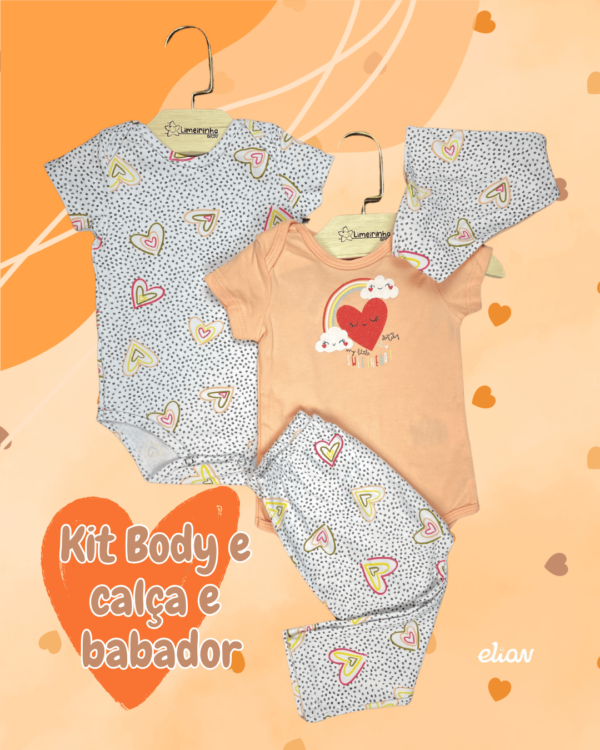 Kit Elian Baby Corações com 2 bodies + calça e babador ❤️