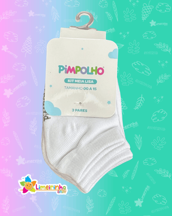 Kit meia lisa com 3 pares cano baixo Pimpolho 00-15 Unissex  🧦
