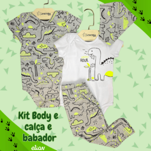 Kit Elian Baby Dino com 2 bodies + calça e babador 🦕