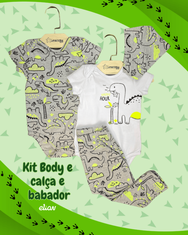 Kit Elian Baby Dino com 2 bodies + calça e babador 🦕