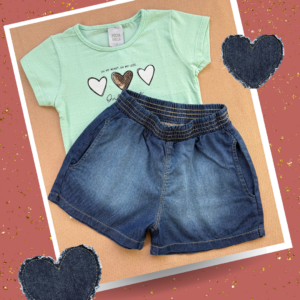 CONJUNTO PULLA BULLA BLUSA ESTAMPADO COTTON LEVE TRABALHADO / SHORT JEANS LEVE FEMININO